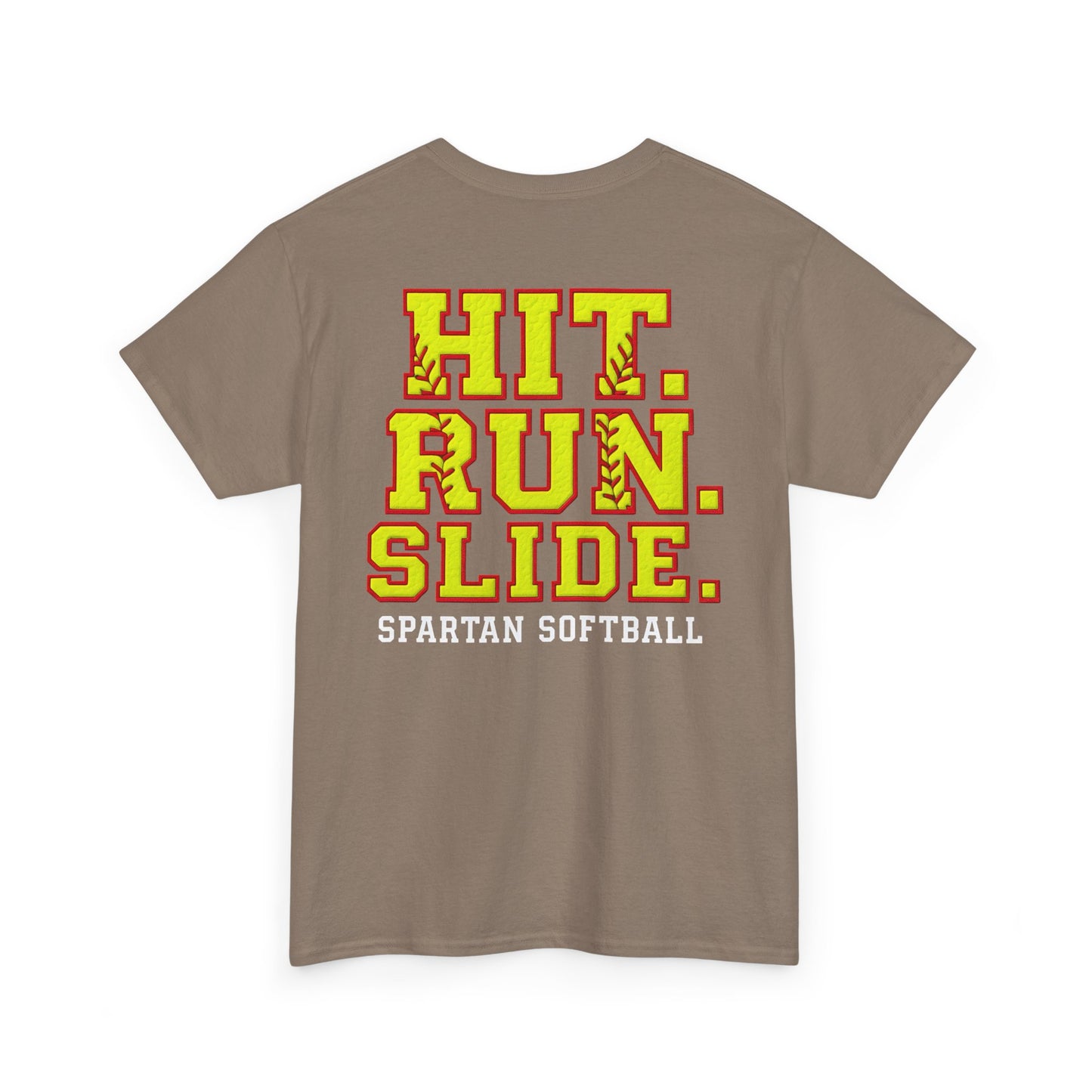 Hit. Run. Slide. Spartan Softball Gildan Tee