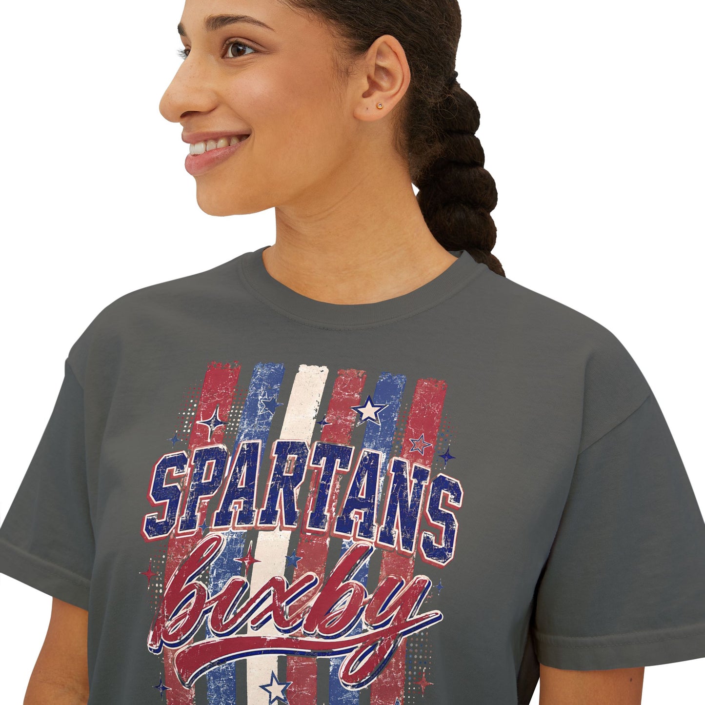 Spartans Lucky Women's Boxy Tee Vintage Red & Blue Patriot Stripes
