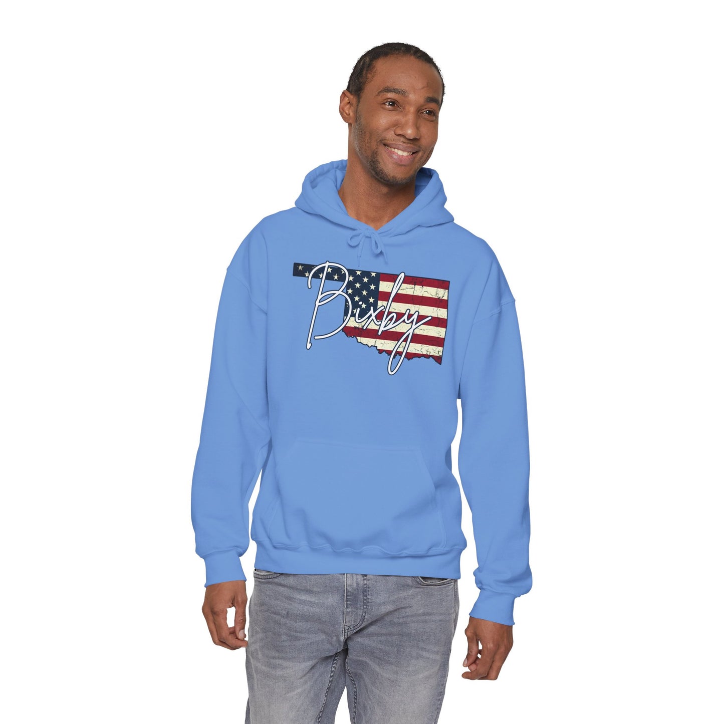 Oklahoma Flag Hoodie with "Bixby" Script Gildan Hoodie