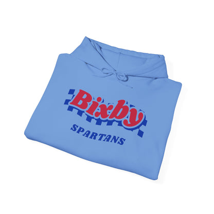 Bixby Spartans Retro Blue Checkered Script Hoodie – Vintage Game Day Hooded Sweatshirt