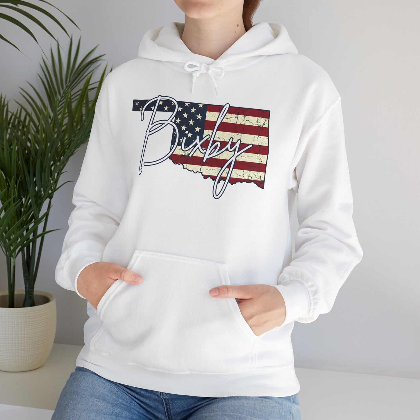 Oklahoma Flag Hoodie with "Bixby" Script Gildan Hoodie
