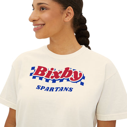 Bixby Spartans Navy Checker Retro Logo Women's Boxy Tee – Game Day Shirt