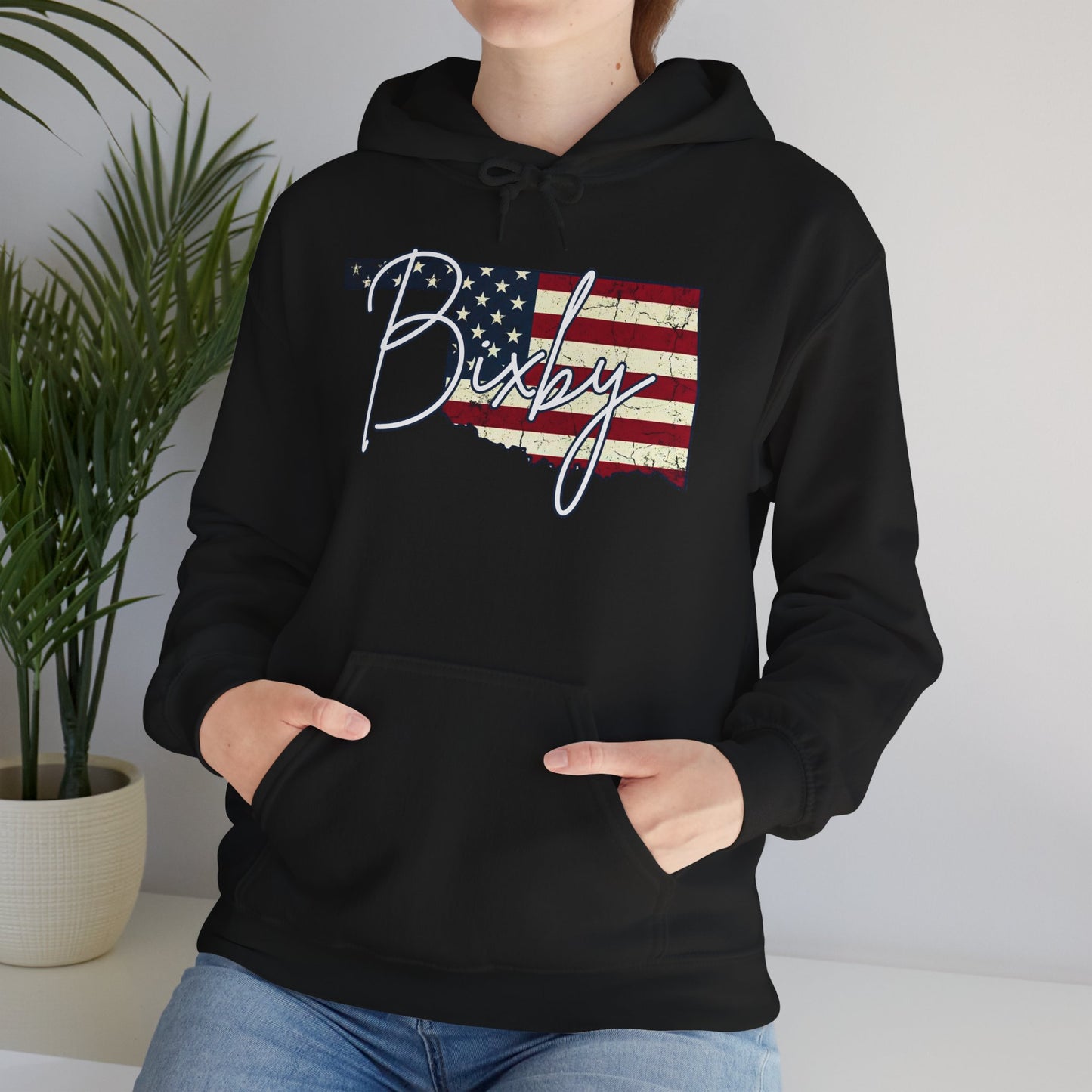 Oklahoma Flag Hoodie with "Bixby" Script Gildan Hoodie