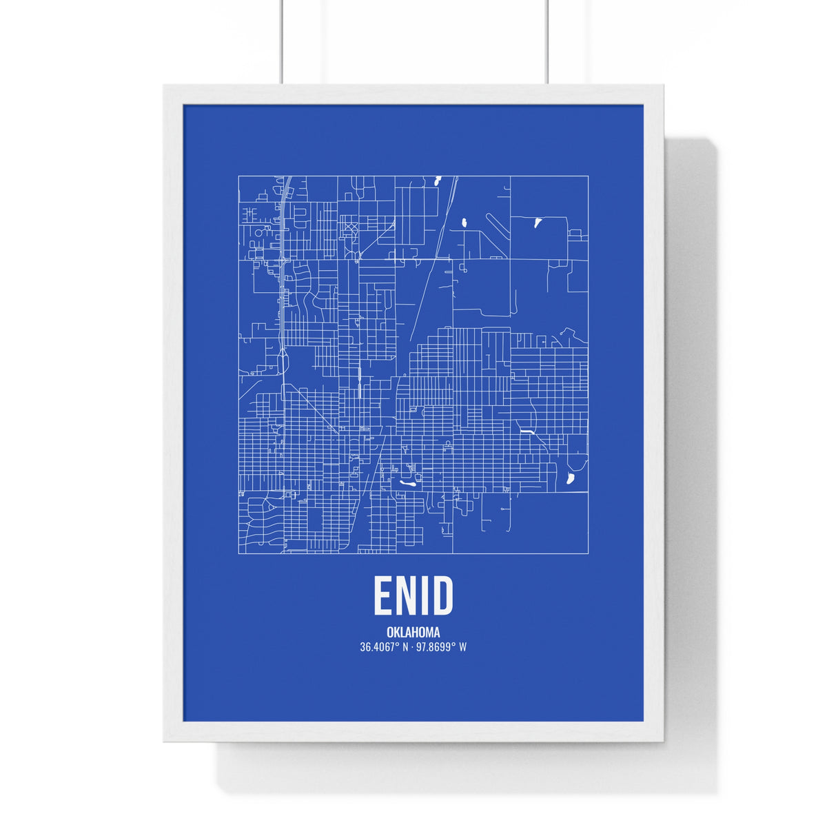 Enid Street Map Framed Print, White on Royal Blue