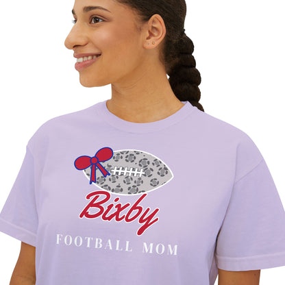 Bixby Spartans Football Mom Women's Boxy Tee – Leopard Football & Bow, White Lettering