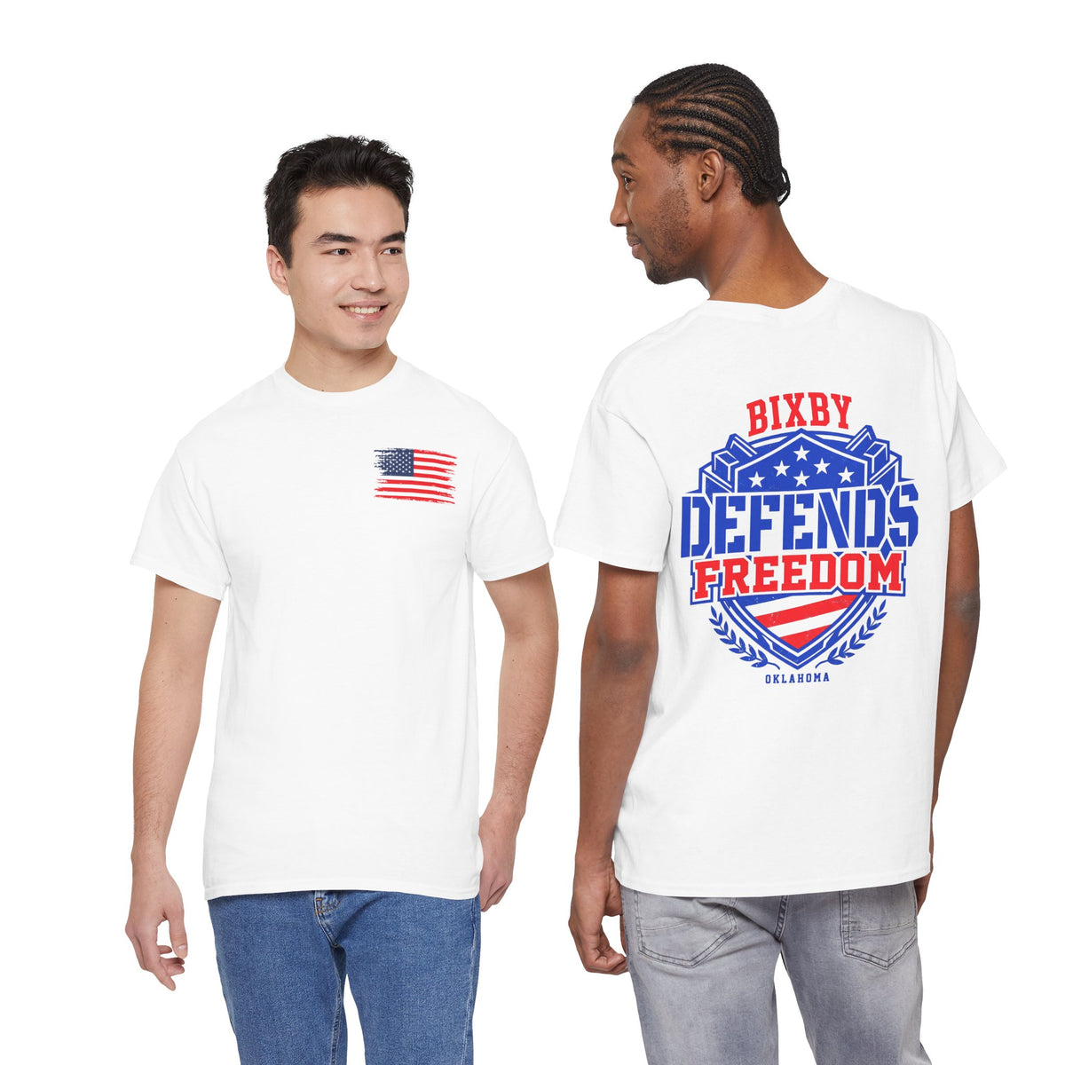 Defends Freedom T-Shirt  Bixby Oklahoma Patriotic USA Flag Tee