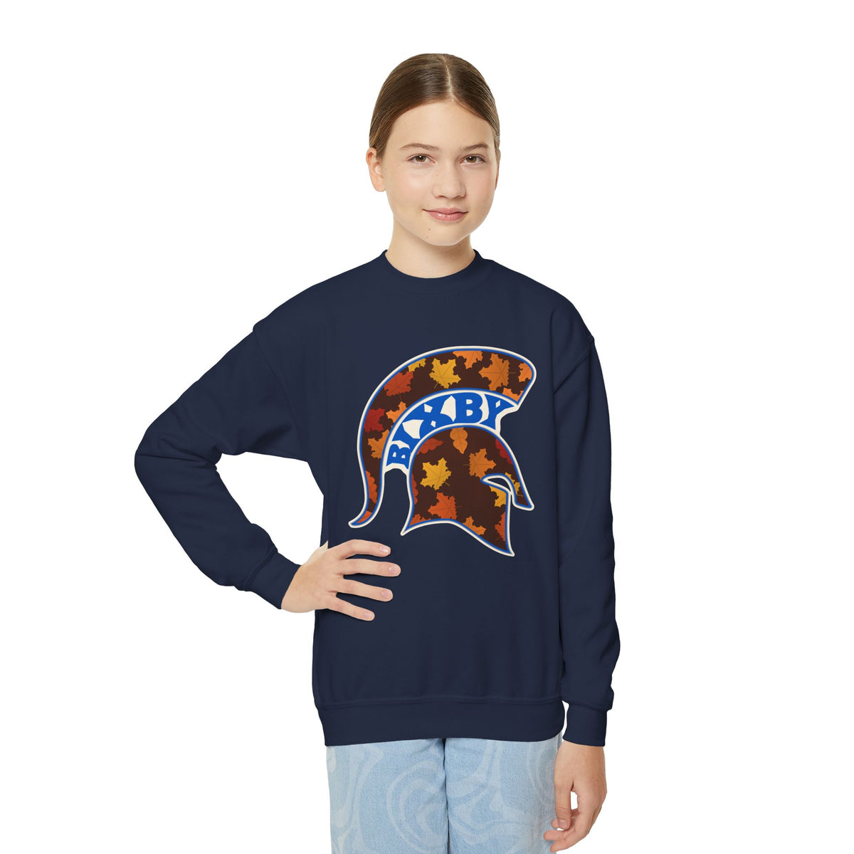 Bixby Spartans Fall Leaves Helmet Youth Sweatshirt – Kids Autumn Crewneck