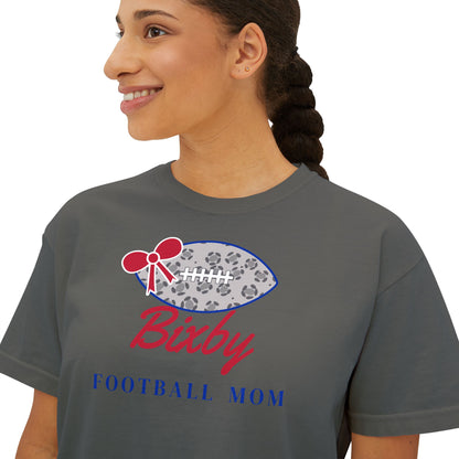 Bixby Spartans Football Mom Women's Boxy Tee – Leopard Football & Bow, Navy Lettering