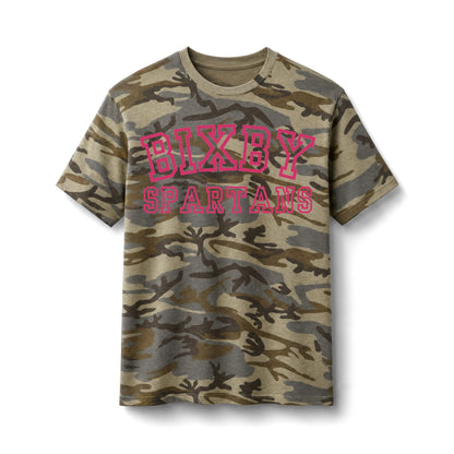 Bixby Spartans Camo - Pink Lettering Cotton Tee