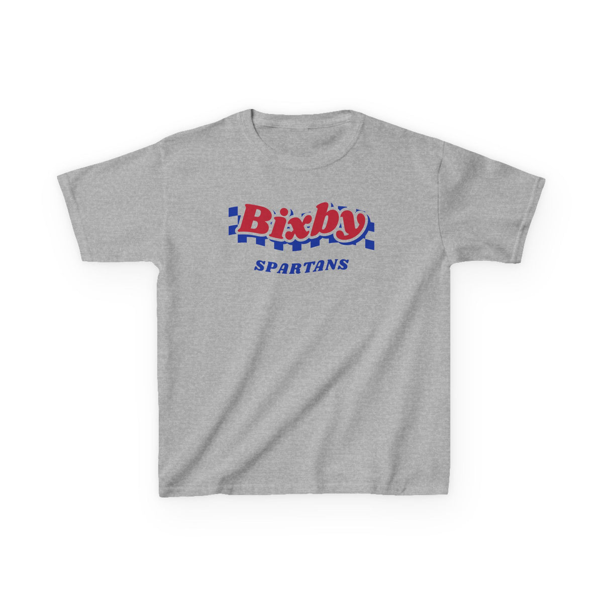 Bixby Spartans Retro Blue Checkered Script Youth Tee – Kids Vintage Game Day Shirt