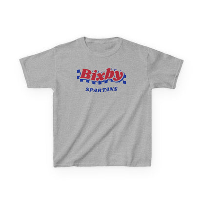 Bixby Spartans Retro Blue Checkered Script Youth Tee – Kids Vintage Game Day Shirt