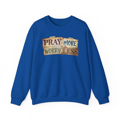 Pray More Worry Less Gildan Sweatshirt | Faith Christian Bible Verse Crewneck