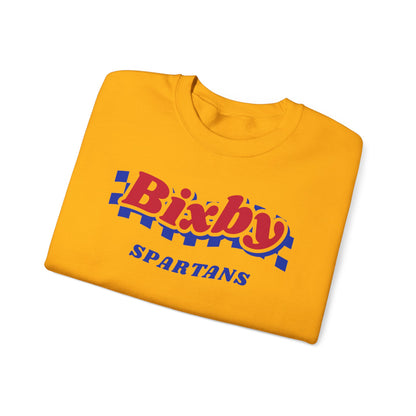 Bixby Spartans Retro Blue Checkered Script Sweatshirt – Vintage Game Day Crewneck