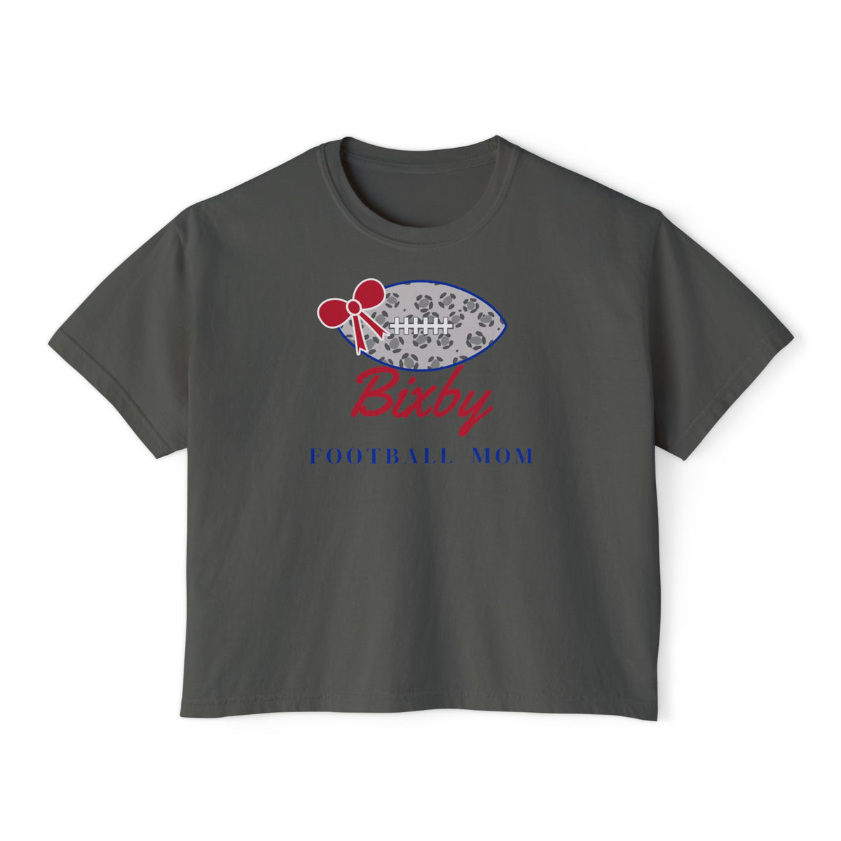 Bixby Spartans Football Mom Women's Boxy Tee – Leopard Football & Bow, Navy Lettering