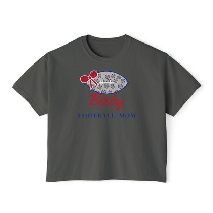 Bixby Spartans Football Mom Women's Boxy Tee – Leopard Football & Bow, Navy Lettering