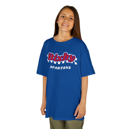 Bixby Spartans Retro Script Checkered Youth Tee – Kids Red, White & Blue Game Day Shirt