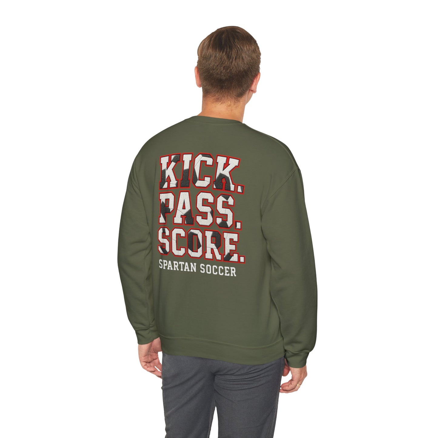 Kick. Pass. Score. Spartan Soccer Gildan Sweatshirt