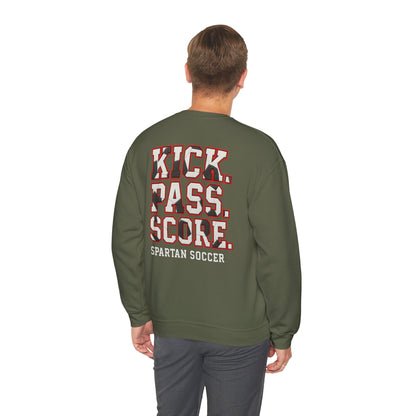 Kick. Pass. Score. Spartan Soccer Gildan Sweatshirt