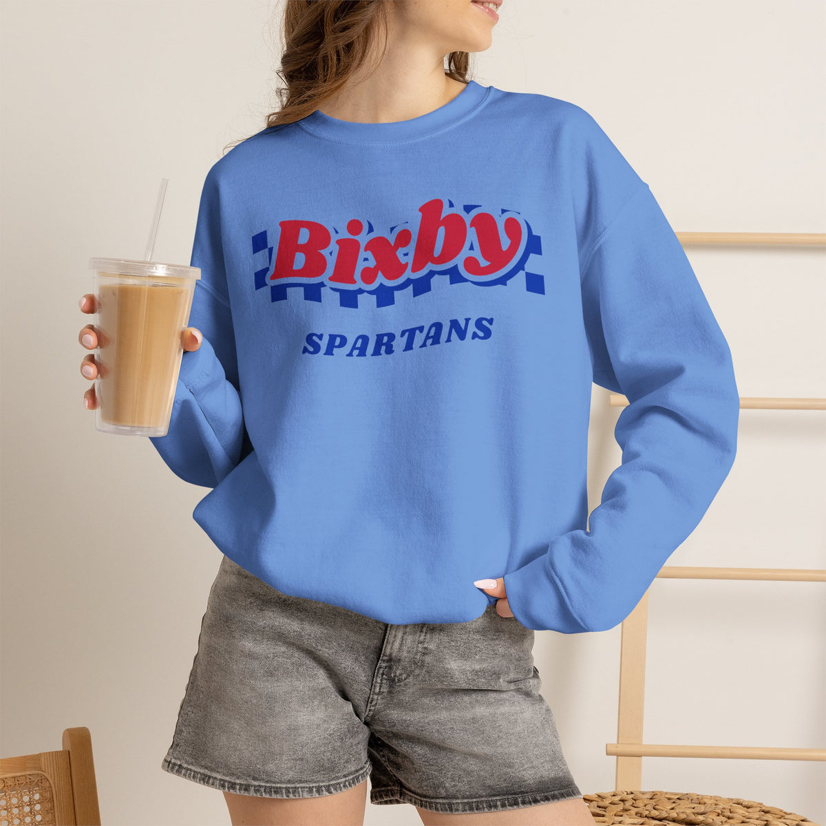 Bixby Spartans Retro Blue Checkered Script Sweatshirt – Vintage Game Day Crewneck