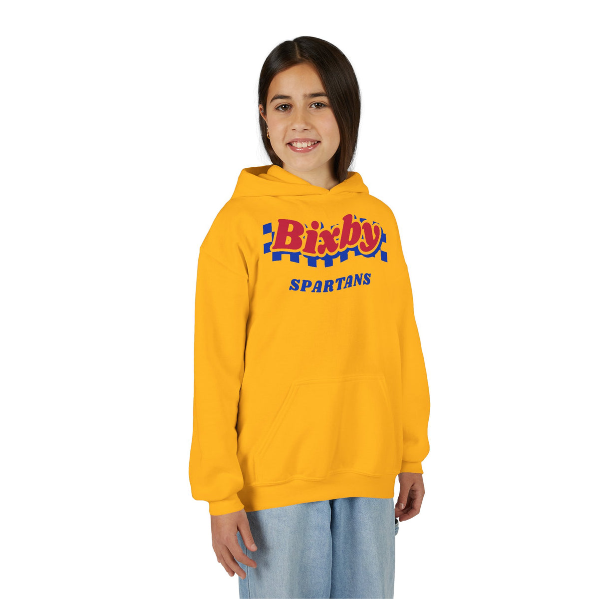 Bixby Spartans Retro Blue Checkered Script Youth Hoodie – Kids Vintage Game Day Hoodie