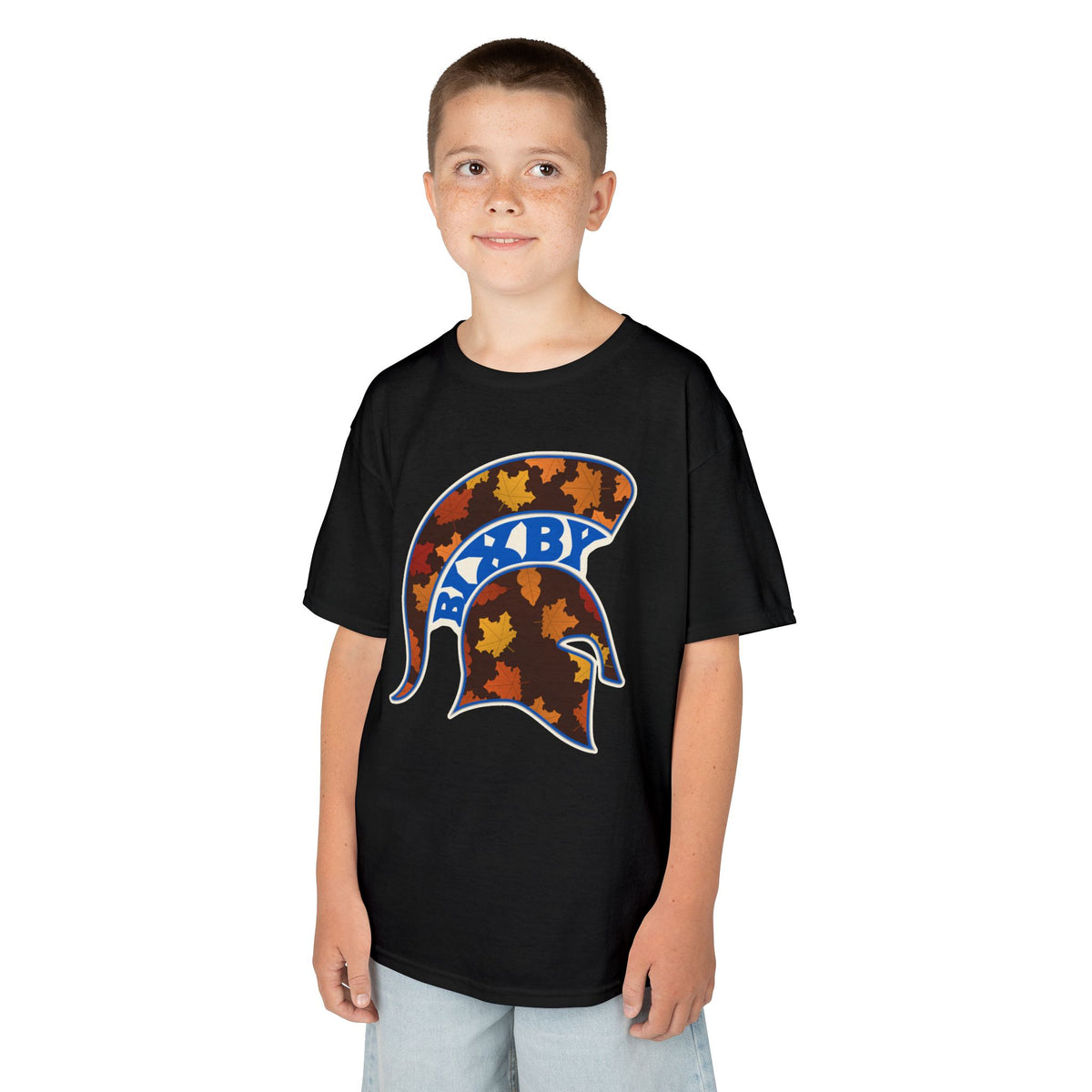 Bixby Spartans Fall Leaves Helmet Youth Tee – Kids Autumn Game Day Shirt