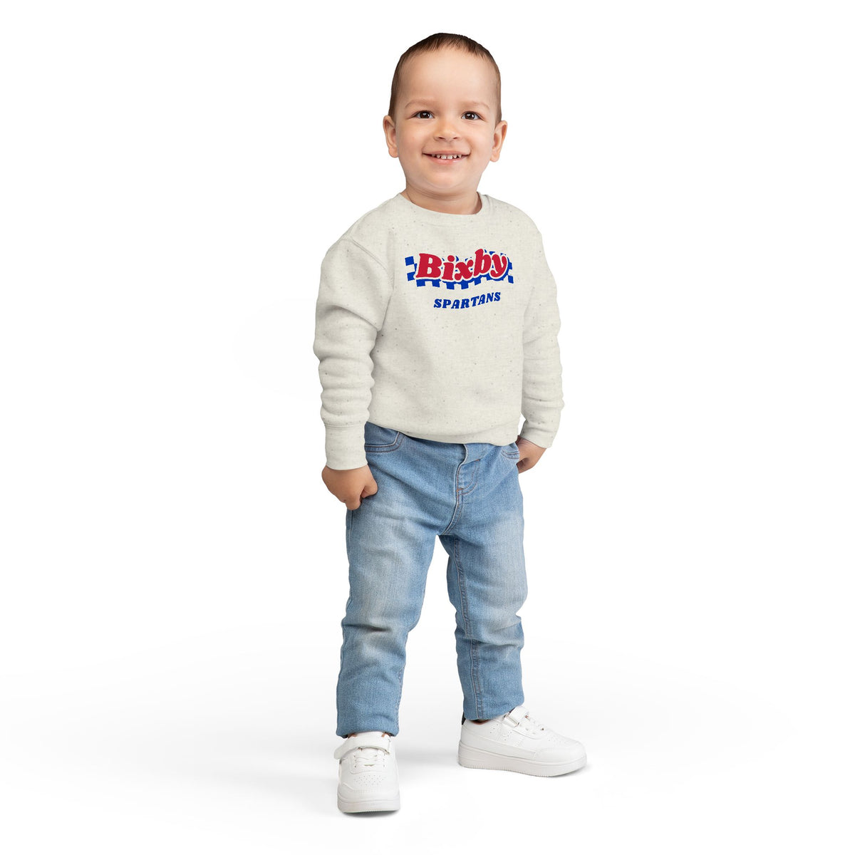Bixby Spartans Retro Blue Checkered Script Toddler Sweatshirt – Little Spartan Vintage Crewneck