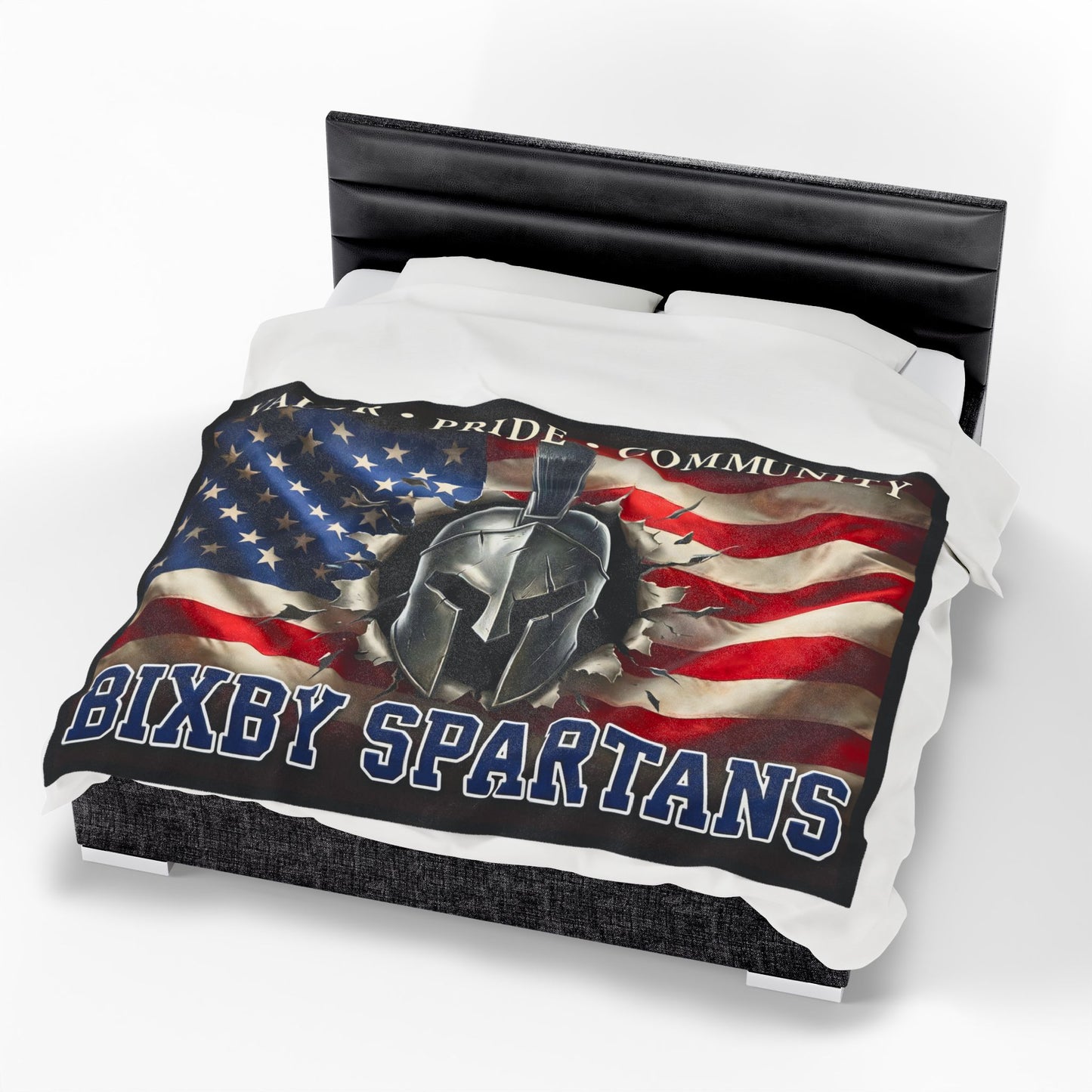 Bixby Spartans Velveteen Plush Blanket — Valor • Pride • Community with American Flag and Spartan Helmet