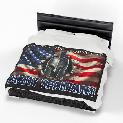 Bixby Spartans Velveteen Plush Blanket — Valor • Pride • Community with American Flag and Spartan Helmet