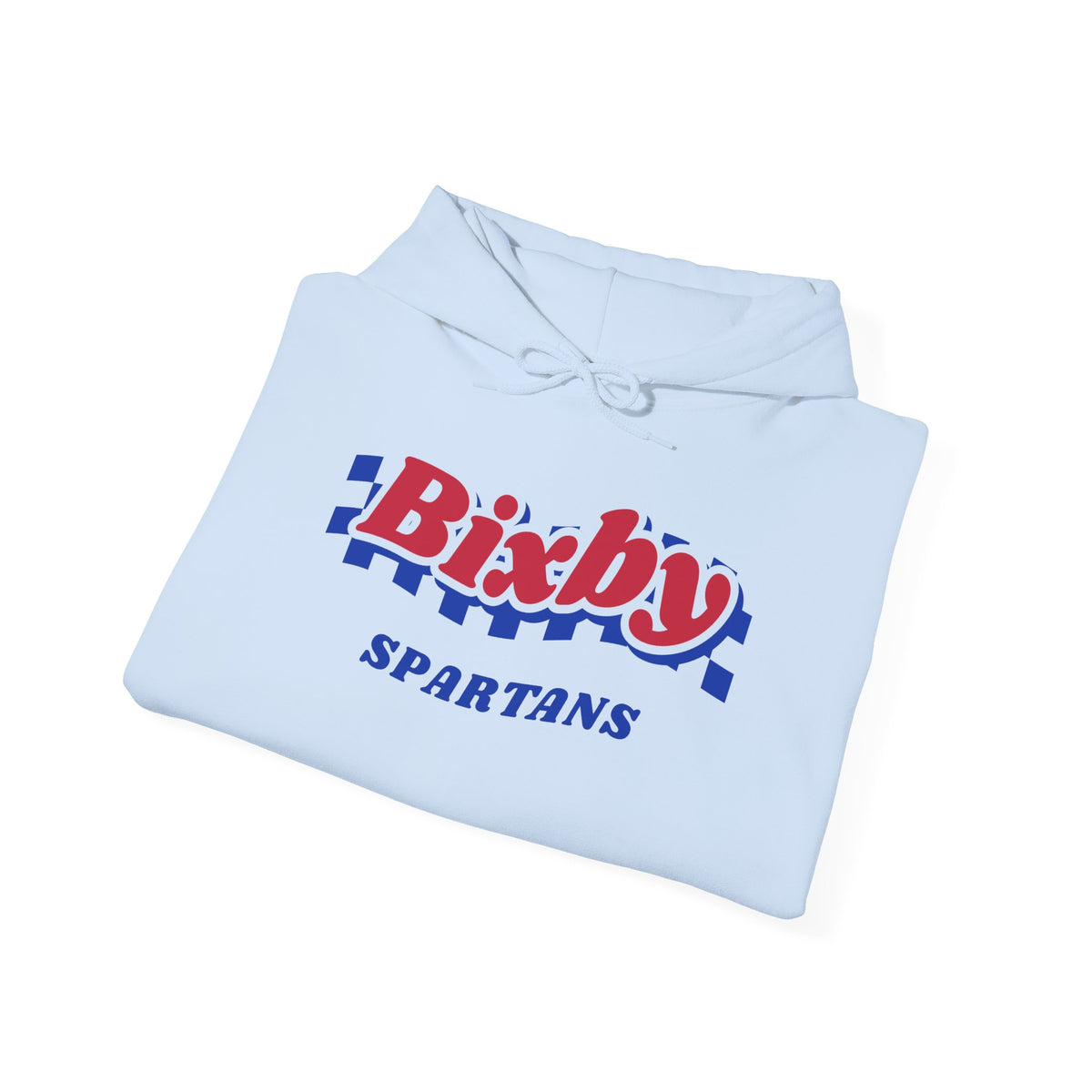 Bixby Spartans Retro Blue Checkered Script Hoodie – Vintage Game Day Hooded Sweatshirt