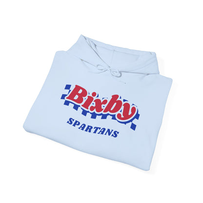 Bixby Spartans Retro Blue Checkered Script Hoodie – Vintage Game Day Hooded Sweatshirt