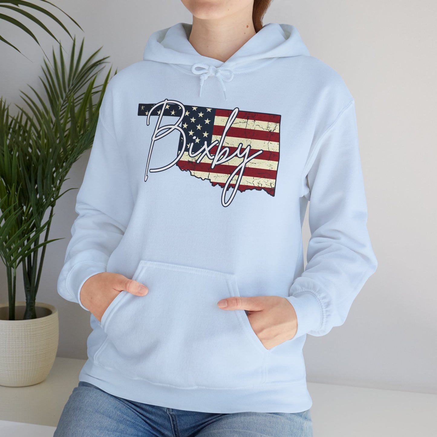 Oklahoma Flag Hoodie with "Bixby" Script Gildan Hoodie