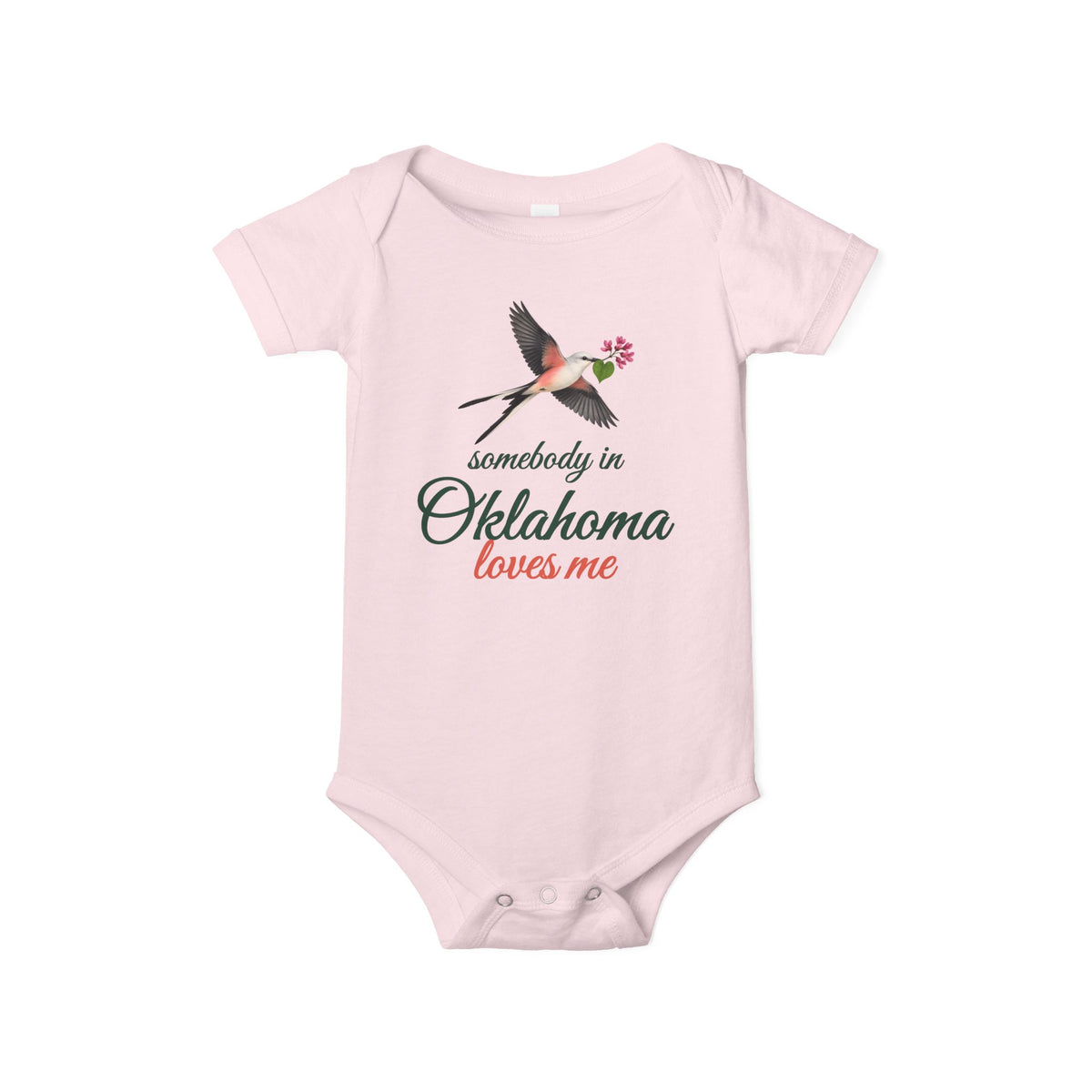 Somebody in Oklahoma Loves Me Baby Bodysuit, Pink, front view