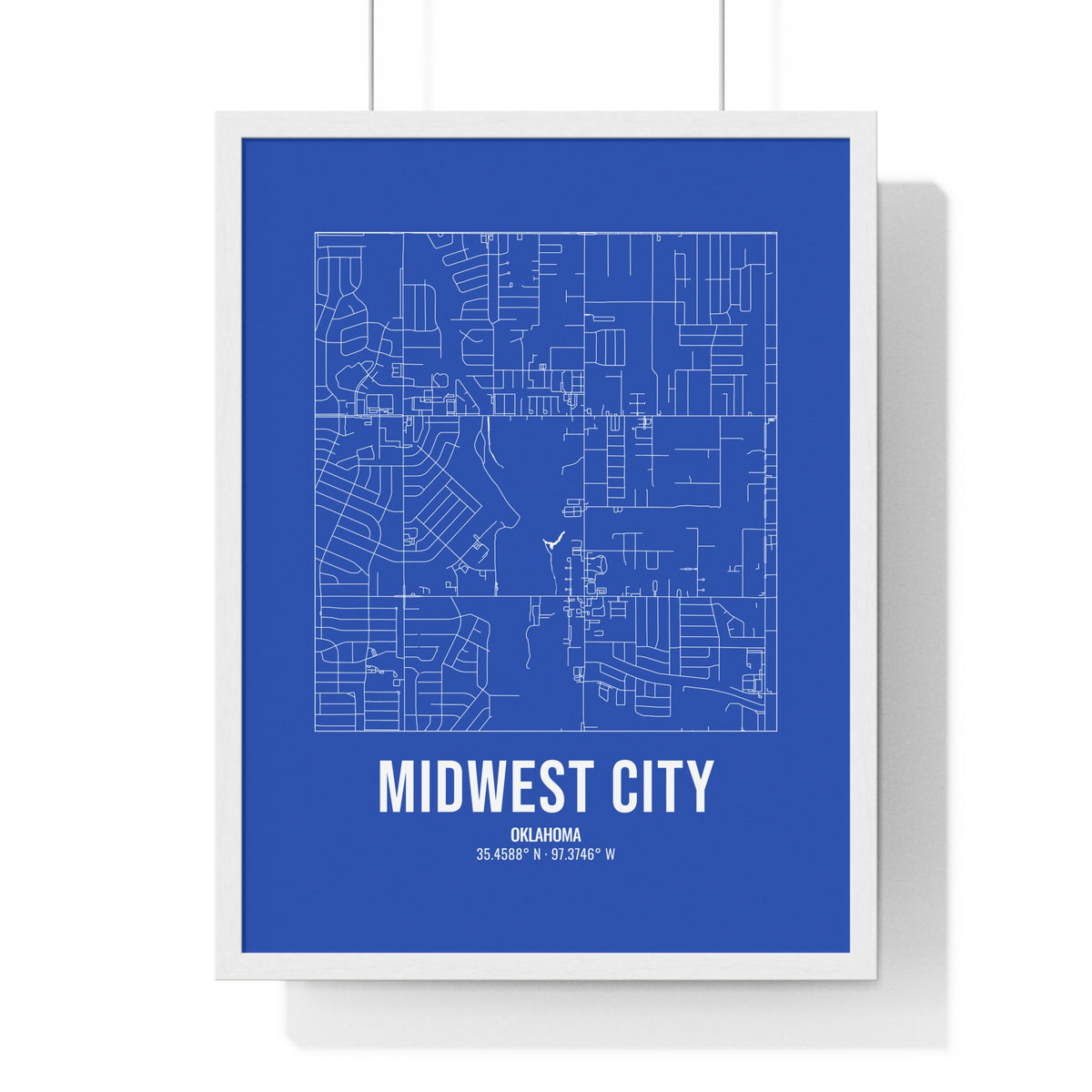 Midwest City Street Map Framed Print, White on Royal Blue