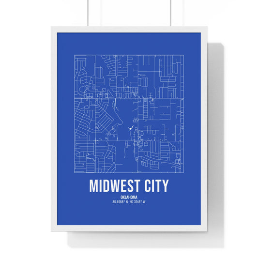 Midwest City Street Map Framed Print, White on Royal Blue