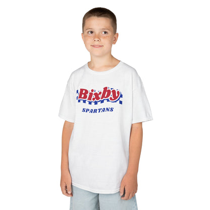 Bixby Spartans Retro Blue Checkered Script Youth Tee – Kids Vintage Game Day Shirt