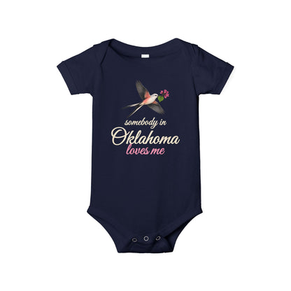 Somebody in Oklahoma Loves Me Baby Bodysuit, Navy, front view