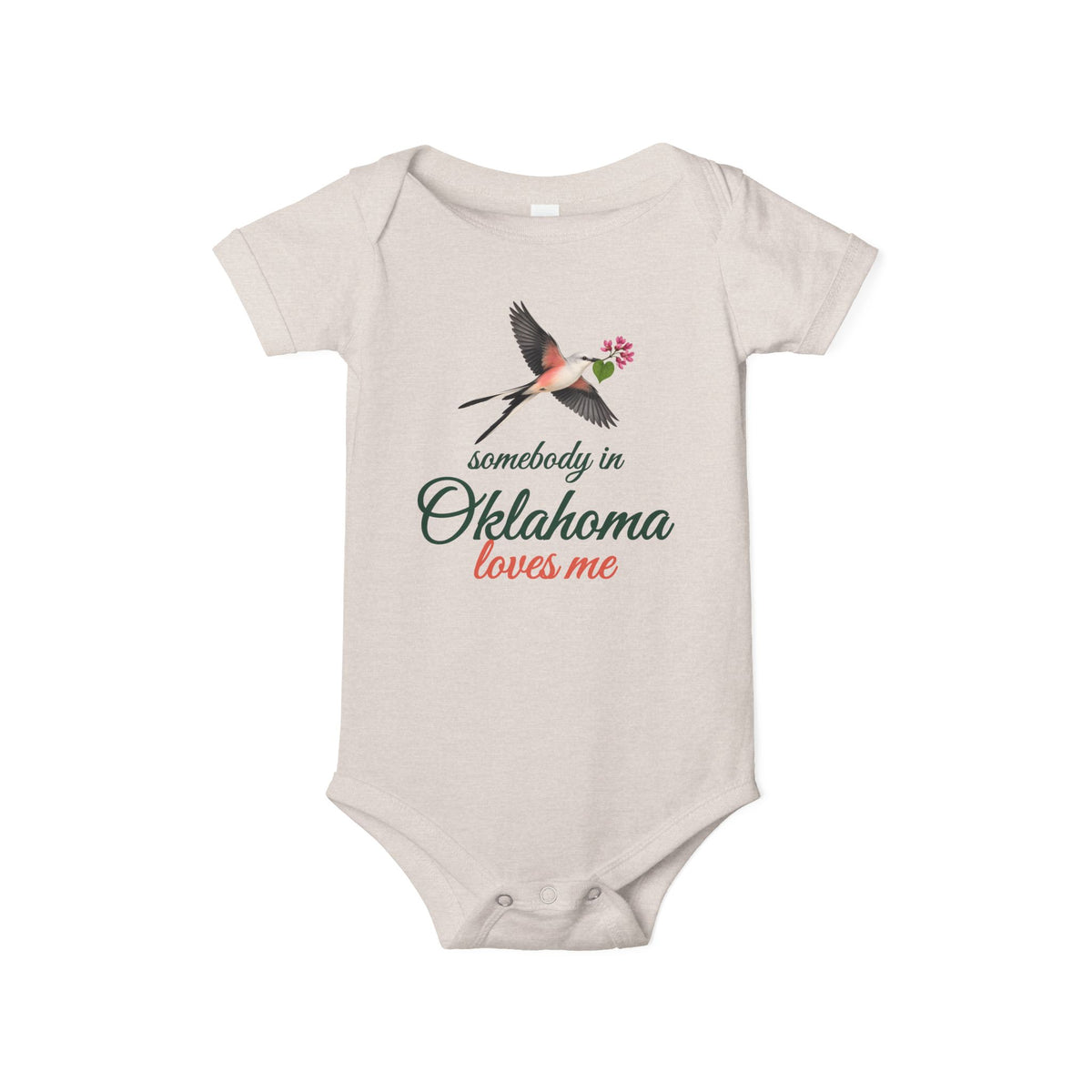 Somebody in Oklahoma Loves Me Baby Bodysuit, Heather Dust, front view