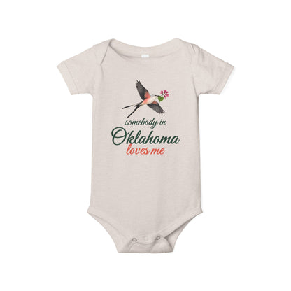 Somebody in Oklahoma Loves Me Baby Bodysuit, Heather Dust, front view