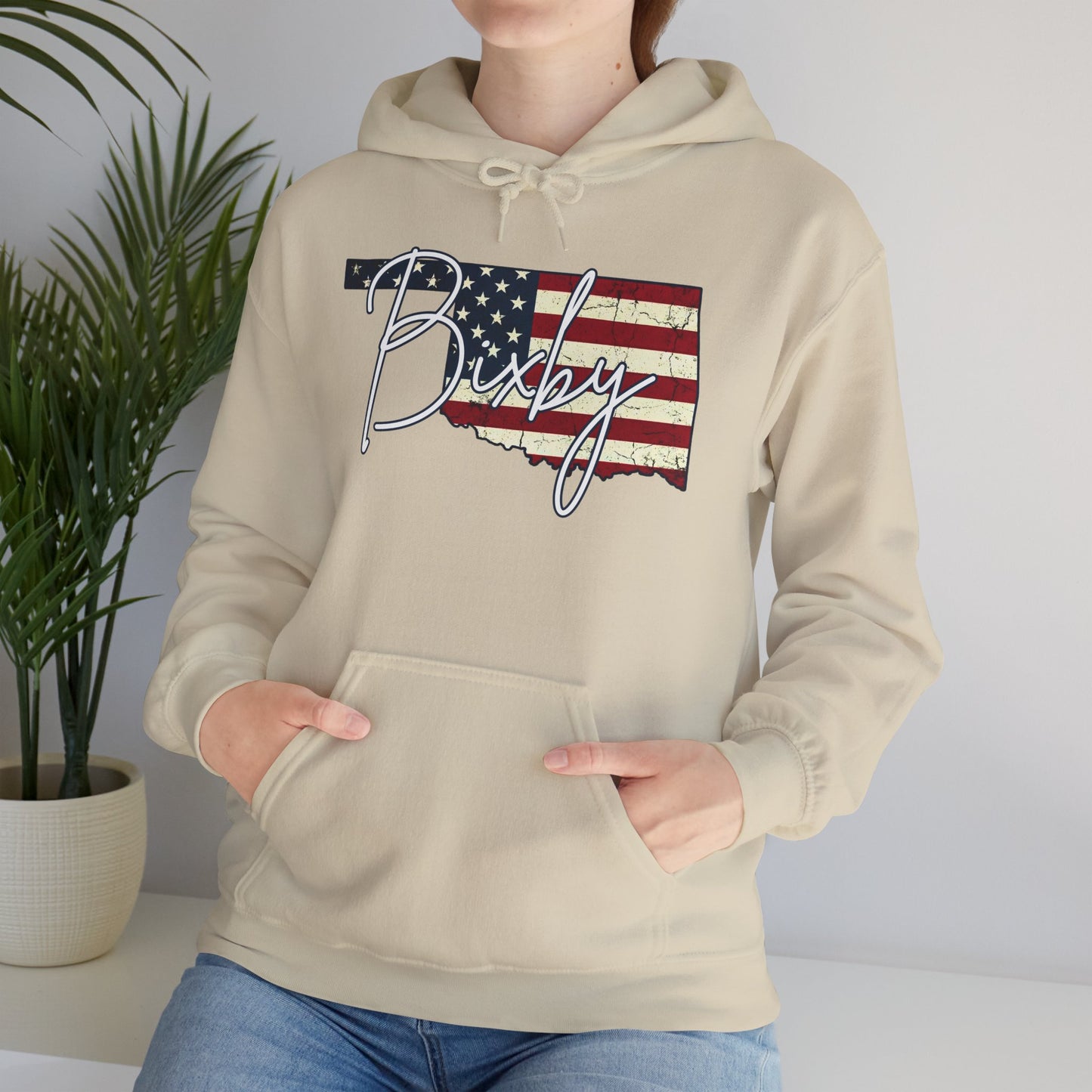Oklahoma Flag Hoodie with "Bixby" Script Gildan Hoodie