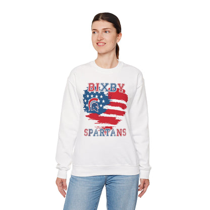 Bixby Spartans Heart American Flag Crewneck Sweatshirt