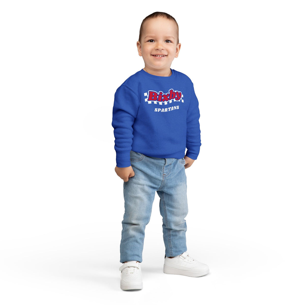 Bixby Spartans Retro Script Checkered Toddler Sweatshirt – Little Spartan Game Day Crewneck