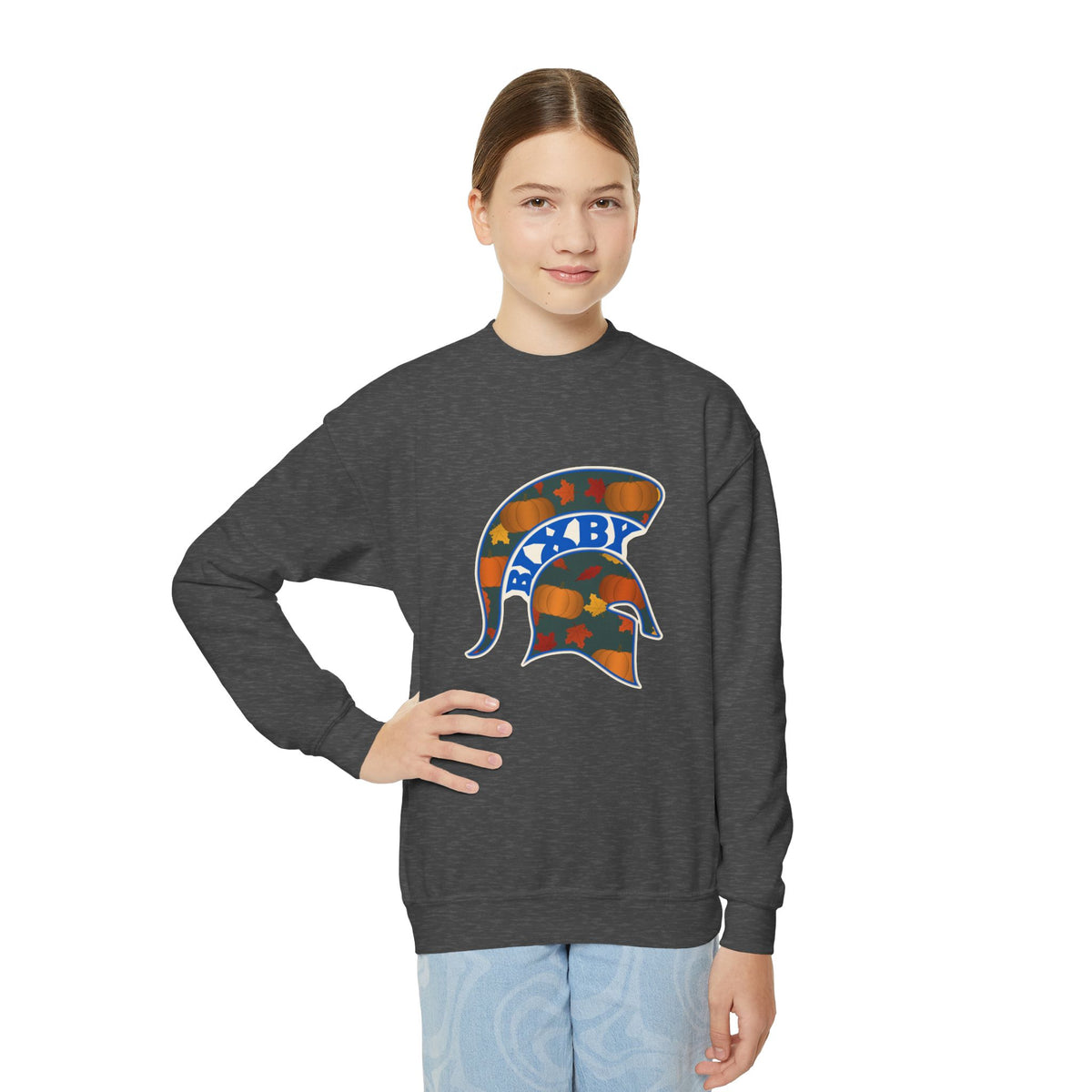 Bixby Spartans Pumpkin Patch Helmet Youth Sweatshirt – Kids Fall Crewneck