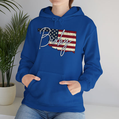 Oklahoma Flag Hoodie with "Bixby" Script Gildan Hoodie