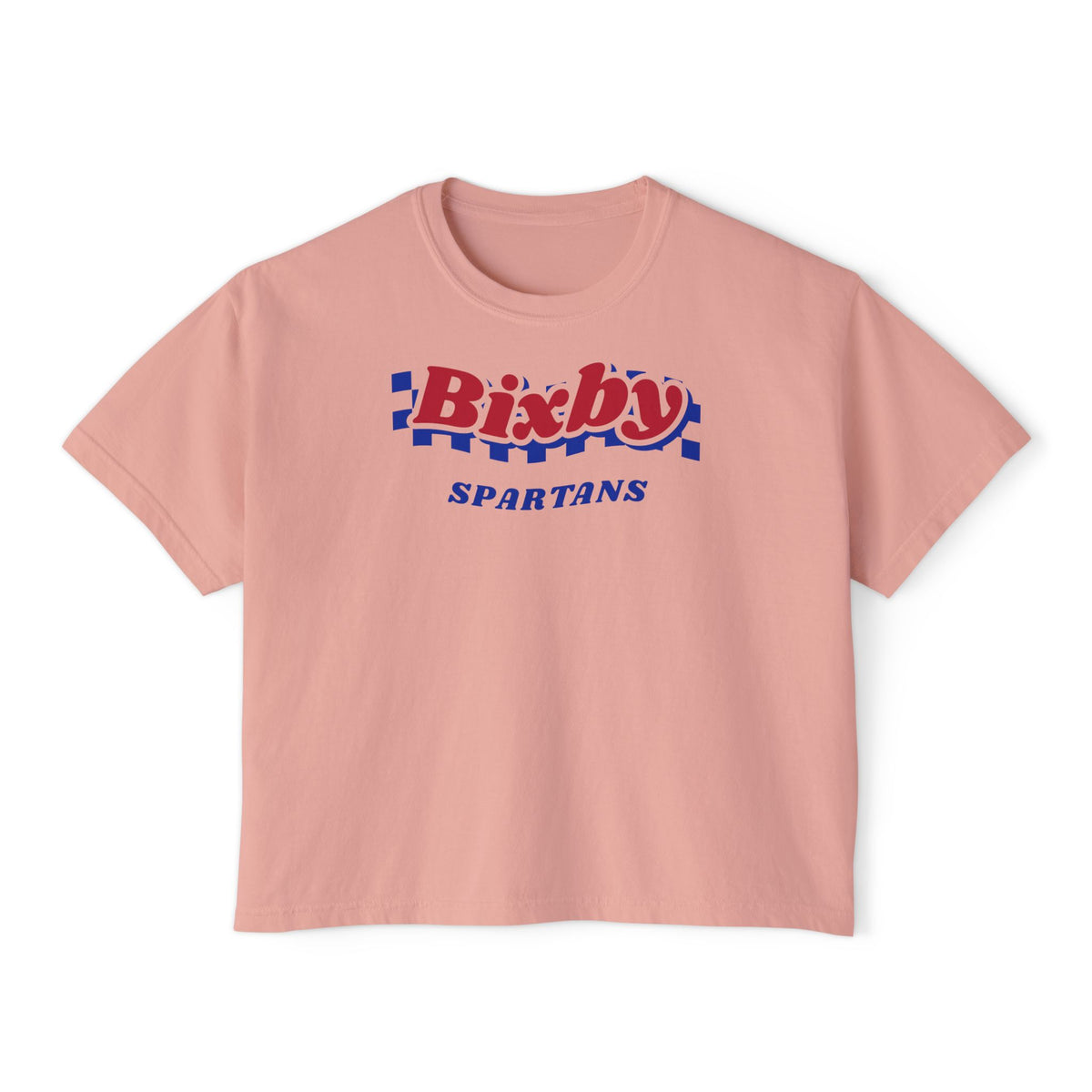 Bixby Spartans Navy Checker Retro Logo Women's Boxy Tee – Game Day Shirt