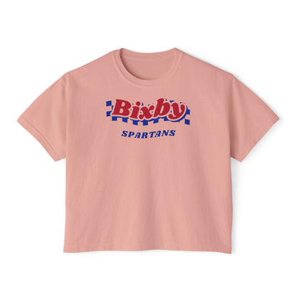 Bixby Spartans Navy Checker Retro Logo Women's Boxy Tee – Game Day Shirt