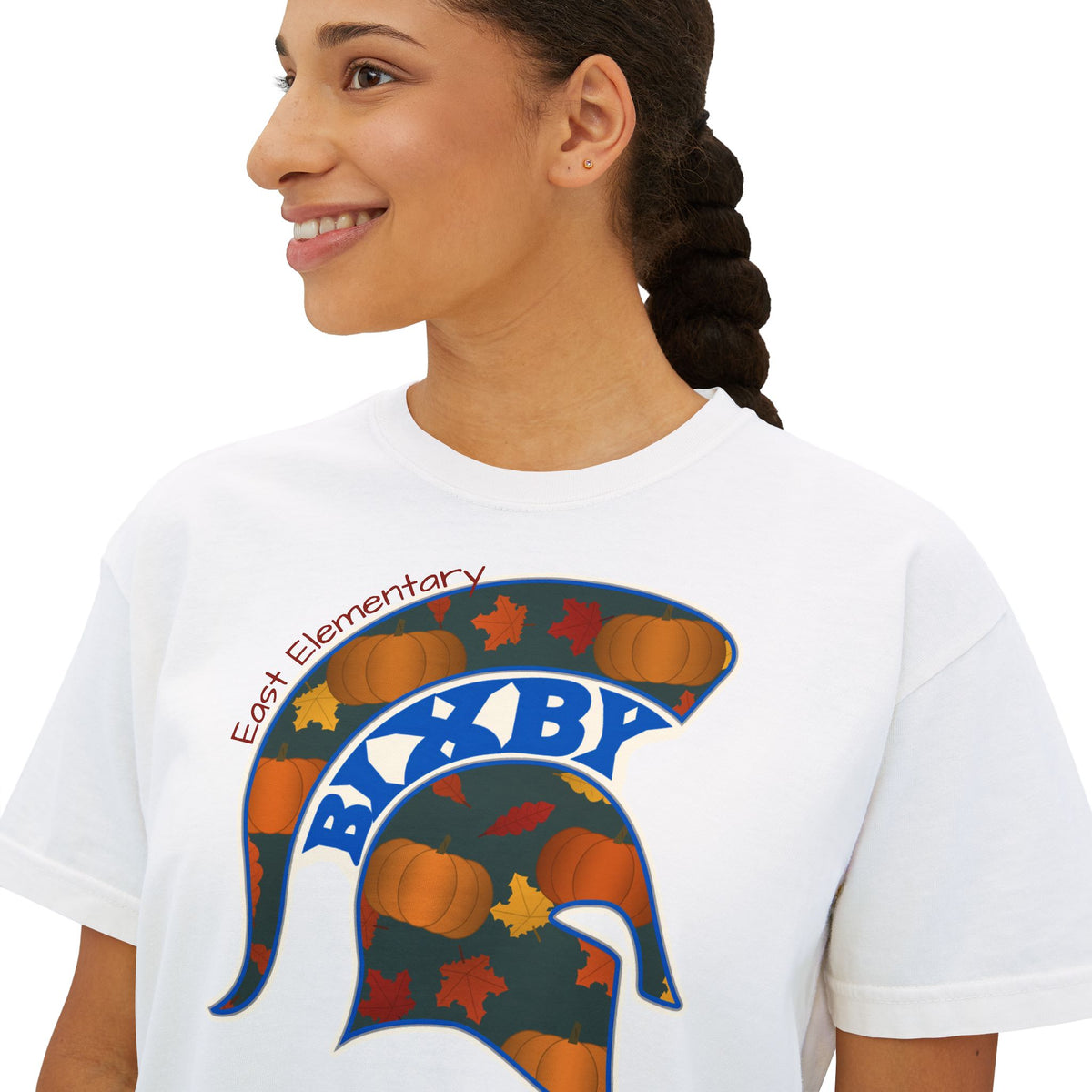 Bixby Spartans East Elementary Pumpkin Patch Helmet Women's Boxy Tee – Fall Mom Shirt