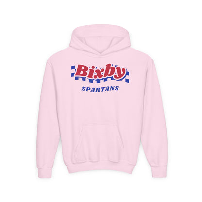 Bixby Spartans Retro Blue Checkered Script Youth Hoodie – Kids Vintage Game Day Hoodie
