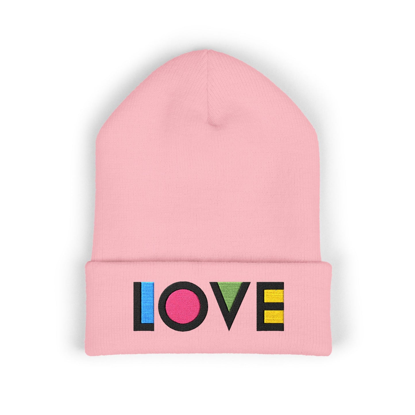 LOVE Embroidered Cuffed Beanie — Colorful Retro Knit Hat for Pride & Everyday Wear