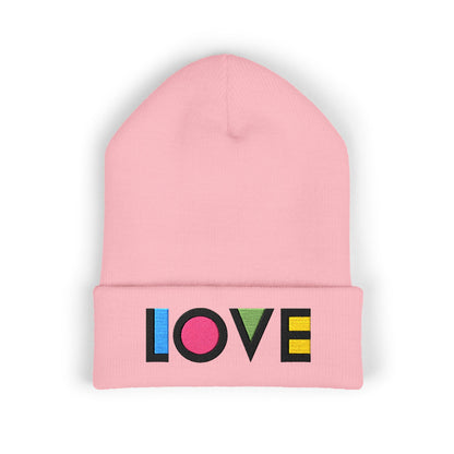LOVE Embroidered Cuffed Beanie — Colorful Retro Knit Hat for Pride & Everyday Wear