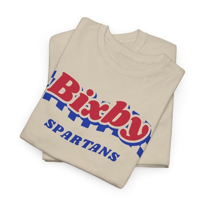 Bixby Spartans Retro Blue Checkered Script Tee – Vintage Game Day Shirt